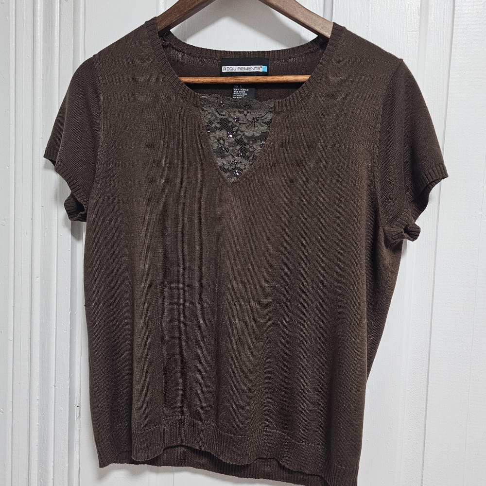 Requirements Chocolate Short Sleeve Top with Lace Detail